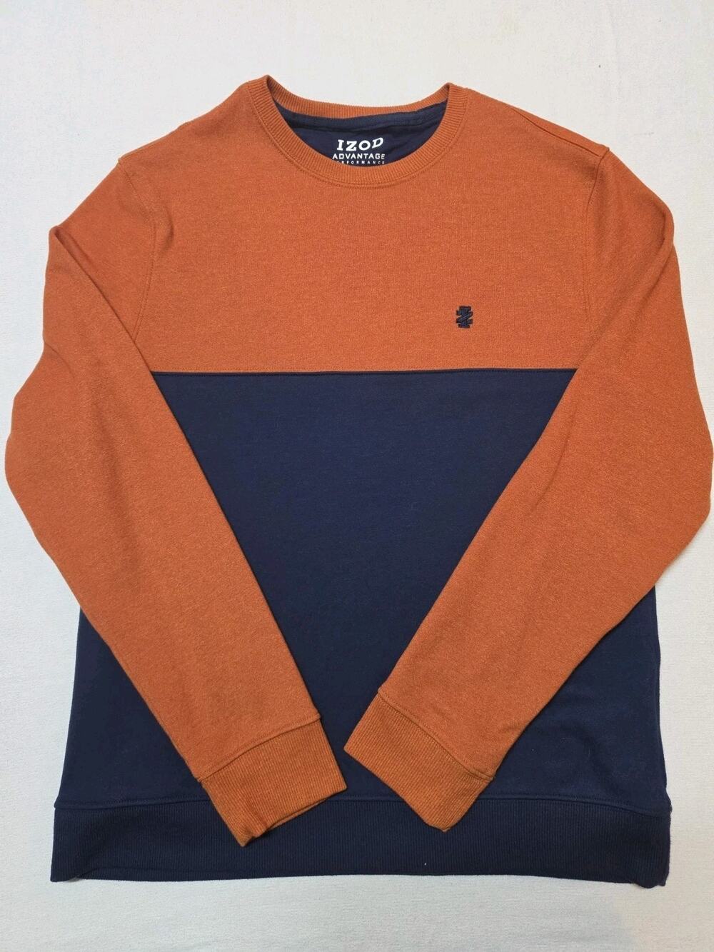 IZOD Advantage Men’s Size Small Orange Navy Colorblock Crewneck Sweatshirt